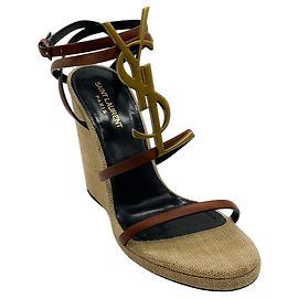 Saint Laurent Brown / Natural Cassandra 105 Wedge Sandals Brown