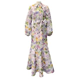 Badgley Mischka Maxikleid aus lilafarbenem, mehrfarbigem Taft mit Bindegürtel Lila