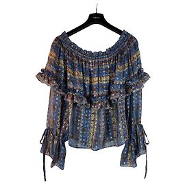 Blusa in misto seta blu con volantini off-the-shoulder di Saint Laurent Blu Multicolore