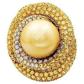 Autre Marque Bague perle gold, diamants blanc, saphirs de couleur, or jaune.  Autre