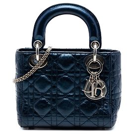 Dior Mini Azul Metálico em Couro de Bezerro Cannage Lady Dior Azul Outro