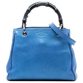 Borsa shopper piccola in pelle metallizzata blu con bambù Gucci Blu