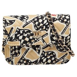 Chanel Coco Mark Checker Flag Motif Cotton Leather Mini Shoulder Bag Brown Beige