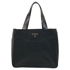 Bolsa Tote de Nylon e Couro com Logo Tessuto da Prada Preto