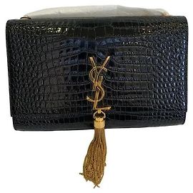 Saint Laurent Kate Medium Tassel Bolsa de Corrente Couro de Crocodilo Preto Preto