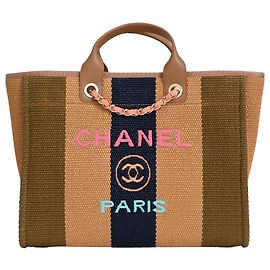 Sac de shopping rayé Deauville large en raffia marron Chanel Marron