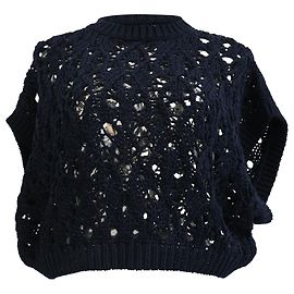Kurzarmpullover aus navyblauer Baumwolle von Brunello Cucinelli Blau Marineblau