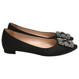 Manolo Blahnik Hangisi Ballet Flats in Black Satin  Black