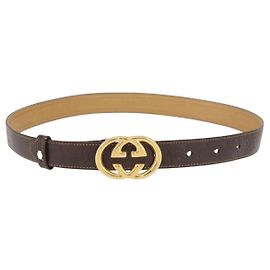 GUCCI Interlocking Belt Leather 31.9"" Brown Gold Auth YKZ409 Brown Golden