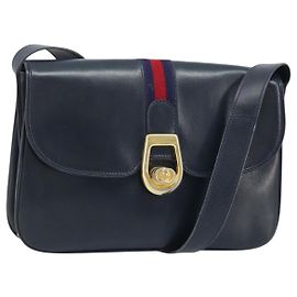Borsa a spalla in pelle GUCCI Sherry Line blu navy oro Auth BAZ198A D'oro Blu navy