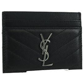 SAINT LAURENT Cassandra Card Case Leather Black Silver Auth BAZ274M Black Silvery