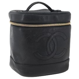 Pochete de maquiagem CHANEL Vanity em pele caviar preta com CC dourado Auth BAZ034 Preto Dourado