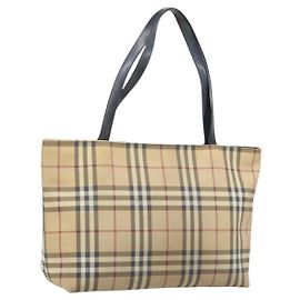 BURBERRY Nova Check Tote Bag PVC Leather Beige Silver Auth BAZ452 Silvery Beige