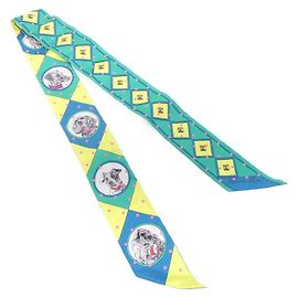 Lenço Twilly Collier e Cães da Hermès Verde Amarelo