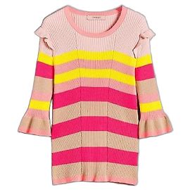 Twin Set Pull en coton rayé avec volants aux épaules et manches trois-quarts évasées Rose Beige Écru Violet Jaune Moutarde Corail