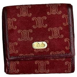 Céline Vintage Celine Paris Triomphe Monogram Suede Leather Purse Purple Burgundy Dark red