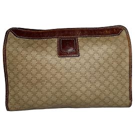 Céline Vintage Celine Paris Triomphe Monogram Leather Clutch Beige Brown Beige