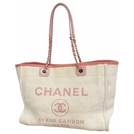Chanel Deauville Raffia Chain Tote Bag Pink White