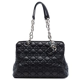 Dior Preto Pequena Tote de Compras em Couro de Cordeiro Cannage Macio com Zíper Preto