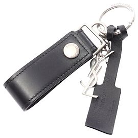 Yves Saint Laurent Saint Laurent Leather Metal Monogram Charm Keychain Black