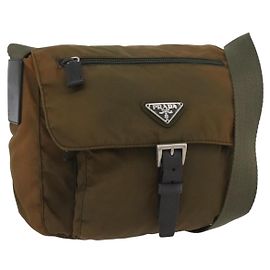 PRADA Shoulder Bag Nylon Khaki Silver Auth 174613 Silvery Khaki