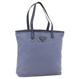 PRADA Tote Bag Nylon Leather Light Blue Silver Auth 174547 Silvery Light blue