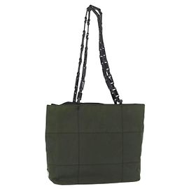 PRADA Plastic Chain Tote Bag Nylon Khaki Silver Auth 174554 Silvery Khaki