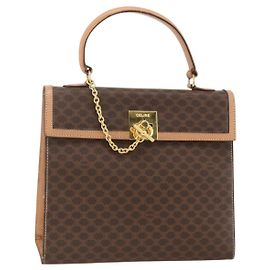 Céline Bolsa de mão em lona Macadam CELINE em couro PVC marrom e dourado Auth BAZ721A Marrom Dourado