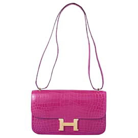 Hermès Constance Elan aus Porosus-Krokodil in Rose Scheherazade mit goldenen Beschlägen Fuschia
