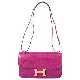 Hermès Constance Elan em Crocodilo Porosus Rosa Scheherazade com Ferragens Douradas Fuschia