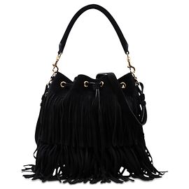 Sac seau en daim noir Emmanuelle à franges de Saint Laurent Noir