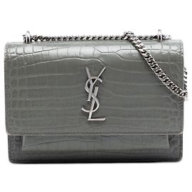 Saint Laurent Cartera Monogram Sunset de Cuero Mini Croc Embossed Gris con Cadena Castaño