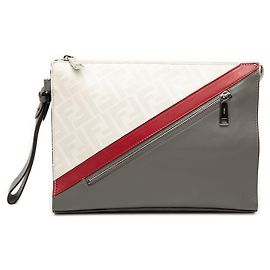 Fendi White Zucca Coated Canvas FF 1974 Diagonal Vitello Liberty Front Zip Clutch White