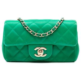 Chanel Verde Extra Mini Rectangular Clásico Satén Solapa Simple Verde