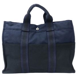 Bolsa Tote MM em Lona Hermès Preto Azul marinho