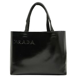 Prada Black Leather Logo Tote Bag Black