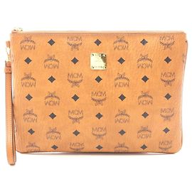 Bolsa Clutch MCM Visetos em lona revestida de PVC e couro Marrom