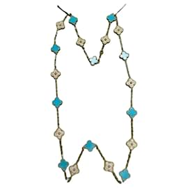 Van Cleef & Arpels Vintage Alhambra 20 Motif Necklace Turquoise Diamonds & Yellow 18K Gold Hardware White Golden Turquoise