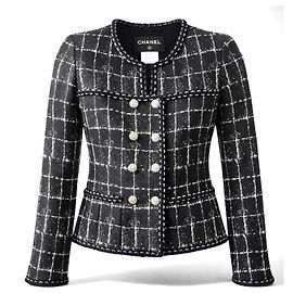 Chanel 14P Black Grid Tweed Braided Trim Double Breasted Jacket FR 36 Black Silvery White