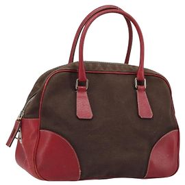 PRADA Hand Bag Canvas Brown Silver Auth YKZ137 Brown Silvery