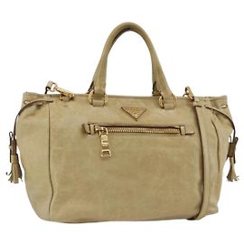 PRADA Bolsa de Mão de Couro 2 em 1 Bege Ouro Auth 174345 Bege Dourado