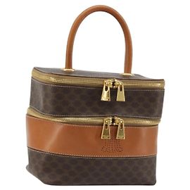 Céline CELINE Macadam Canvas Vanity Hand Bag PVC Leather Brown Gold Auth YKZ1479A Brown Golden