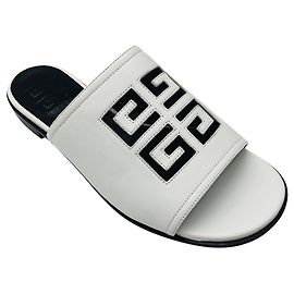Givenchy White 4G Logo Cut Out Leather Flat Mule Slide Sandals White