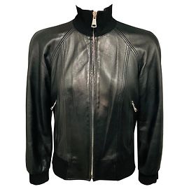 Jaqueta bomber de couro de ovelha preta com zíper frontal Dolce & Gabbana Preto