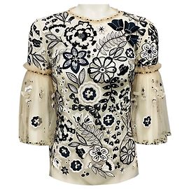 Jenny Packham Nude / Black / White Floral Embroidered Mesh Tulle Top Multiple colors