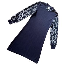 Barrie Cashmere Dress in Midnight Blue Thistle Pattern Sleeves Size XS White Cream Dark blue