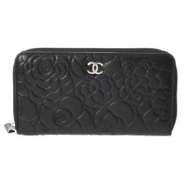 Chanel Camellia Black Leather Long Wallet Black