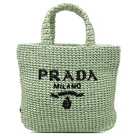 Prada Green Small Raffia Effect Crochet Embroidered Logo Tote Green Light green