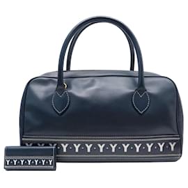 VINTAGE YVES SAINT LAURENT BOWLING LOGO Y LEATHER HAND BAG WITH KEY CASE Navy blue