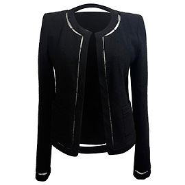 Offener Blazer aus schwarzer Wolle mit Tweed-Ausschnitten von Chanel Schwarz